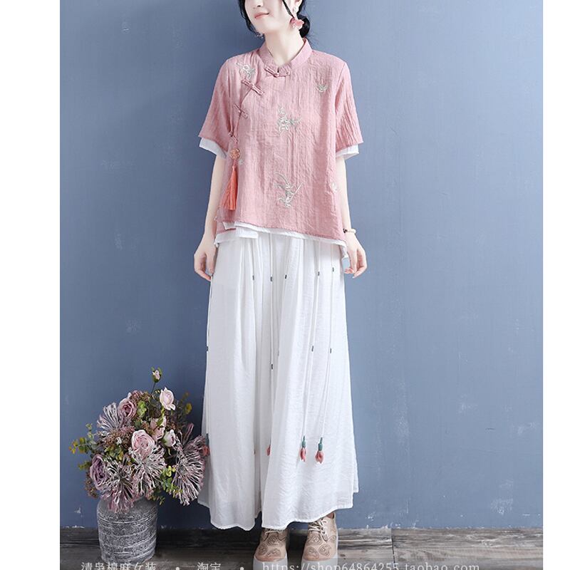 [Qing Series] ★Chinese style tops with decorations★ 4 colors cotton linen embroidery summer simple pink blue green white green