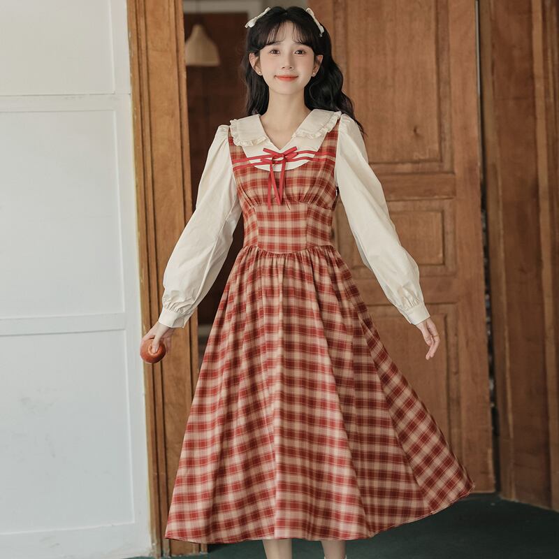 [MEIYI Series] ★One Piece★ Ladies Plaid Faux Layered Commuting Date Red Red