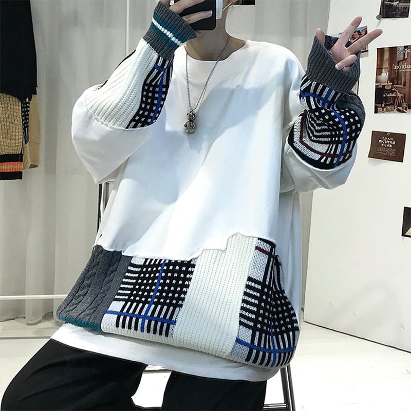 [Gyoshoen Series] ★Tops★ 2color Black or White Switching Casual Unisex Loose Plaid Pattern Black White