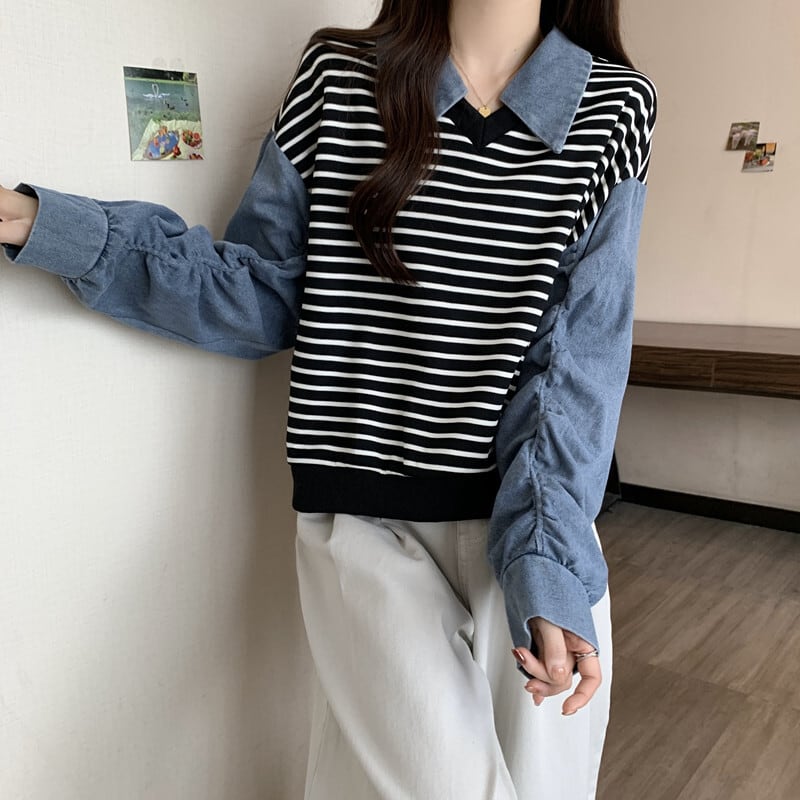 [DUOBAO series]★POLO shirt★ 2color tops, long sleeves, fake layered, slimming, large size, horizontal stripes, striped pattern