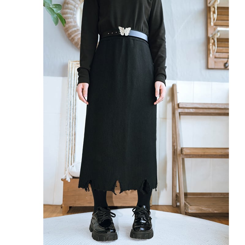 [Old Monster --- Ruined Roman Series] ★Knit skirt★ Bottoms, slimming, elastic waist, black, black, easy to match