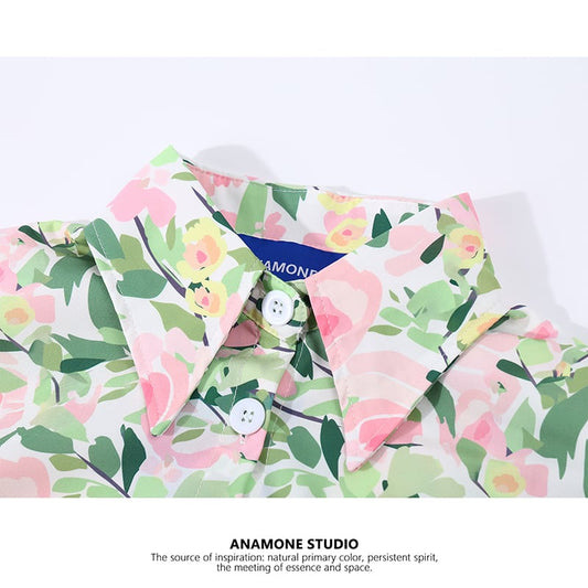 [ANAMONE STUDIO Series]★Shirt★ Tops Floral Print Retro SML Green Short Length