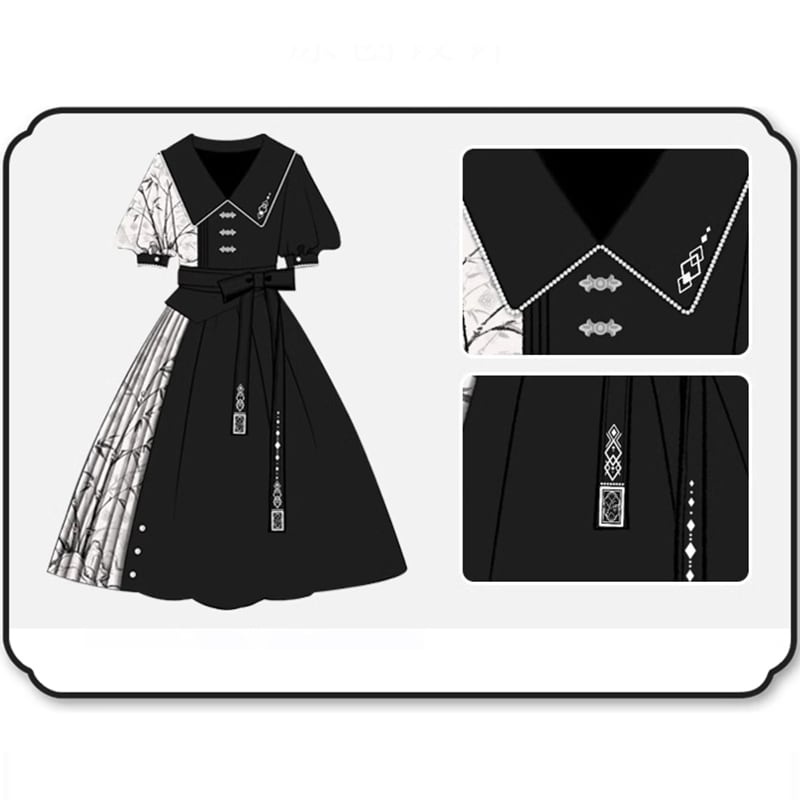 [Dust Smoke Cloud Dream---Boku Bamboo Series] ★Chinese style dress★ Long sleeve switching bamboo Chinese clothing Black Black SML Original Cute