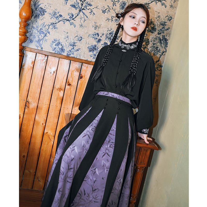 [Kokaisha --- Bamboo Series] ★China style skirt★ Switchable bottoms, bamboo pattern, slimming, easy to match, black, purple