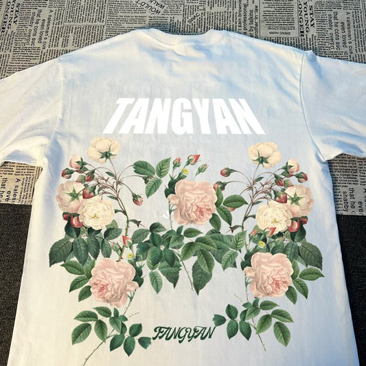 [TANGYAN series] ★T-shirt★ 2color tops, unisex, men's, large size, black, white, floral pattern, easy to match