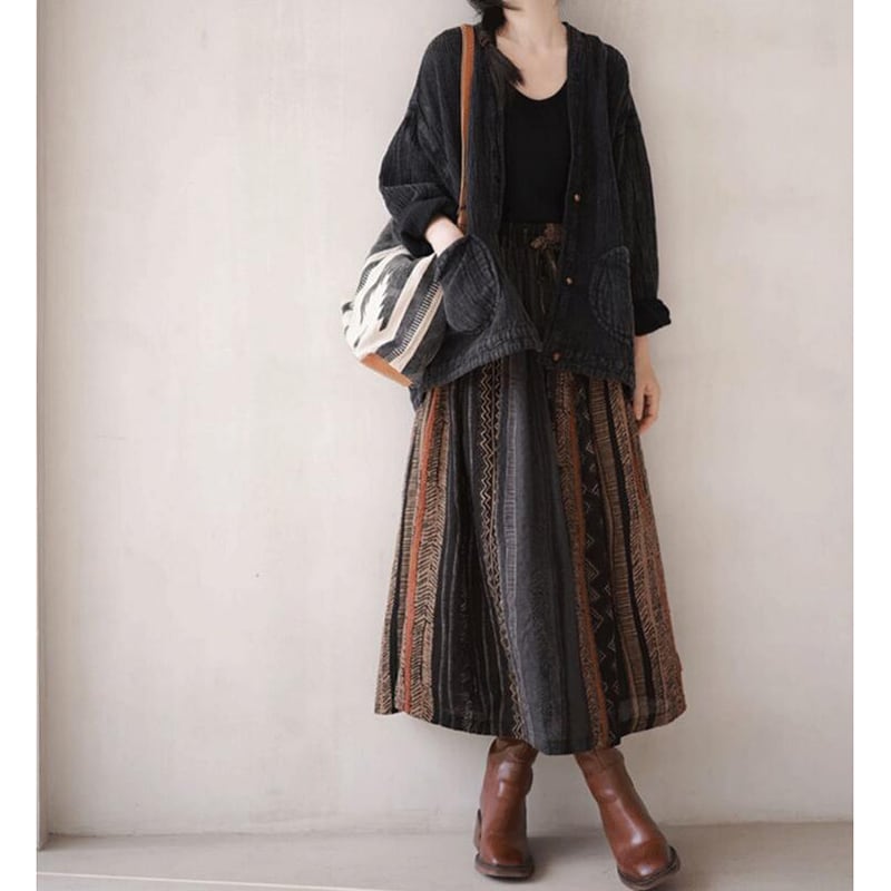 [MIANMA Series]★China style skirt★ 2color bottoms Vertical stripes Ethnic style Easy to match Elastic waist