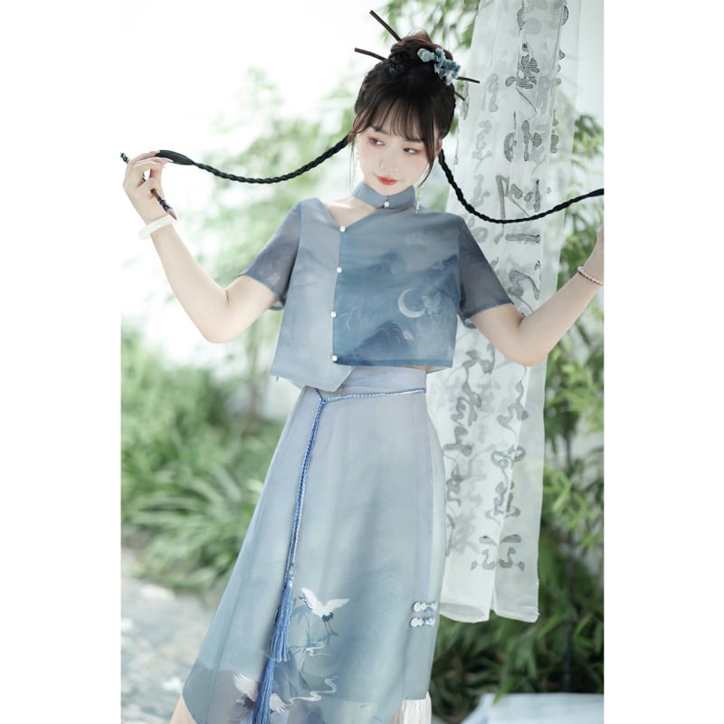 [Dust Smoke Cloud Dream---White Crane Visit Series] ★Chinese style skirt★ Chinese clothes, improved Han clothes, Han clothes skirt, crane, ink pattern