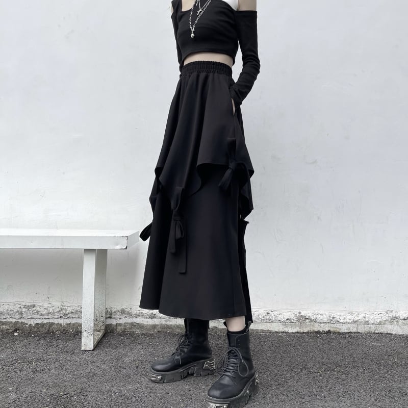 [Miyakoya Series]★Skirt★ Bottoms Irregular Asymmetrical Unique Harajuku style Easy to match Slimming Elastic waist Black Black