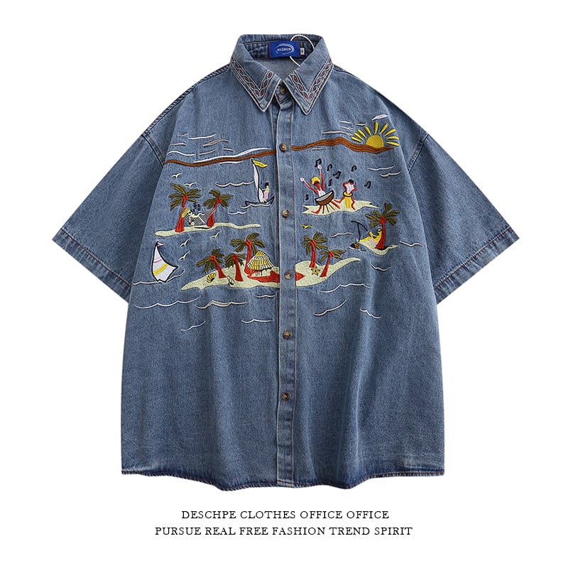 [DESCHPE Series]★Denim shirt★ Tops, short sleeve shirt, unisex, men's, embroidery, casual, unique, blue, summer clothes