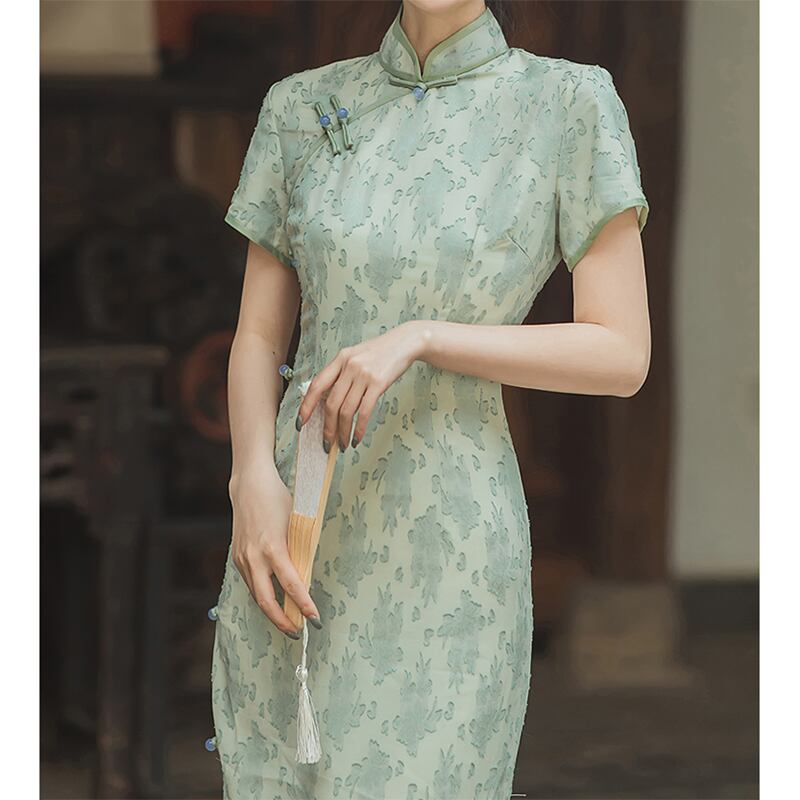 [Queen Series] ★China-style dress★ Improved cheongsam dress Improves temperament Short sleeves Green Green S M L XL