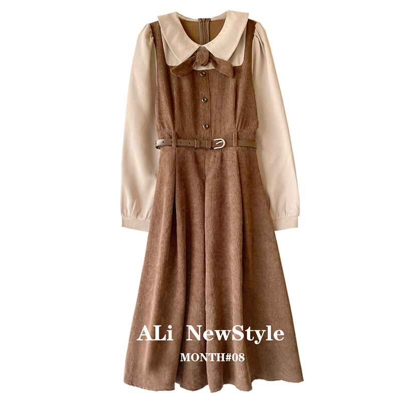 [Ali Series] ★One Piece★ Women's Faux Layered Ribbon Switching Color Scheme Commuting Easy to Match