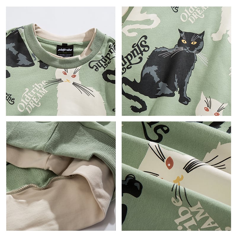 [Satoru Series]★Tops★ 2color Blue or Green Faux Layered Cat Pattern Cat Unisex Couple Clothes Loose