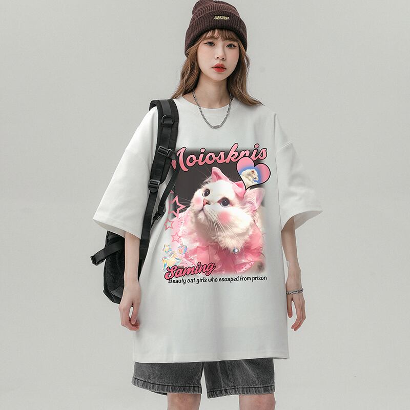 【SENSUシリーズ】★Tシャツ★ 3color トップス 男女兼用 メンズ 夏服 半袖Tシャツ 猫 ベージュ ホワイト ブラック