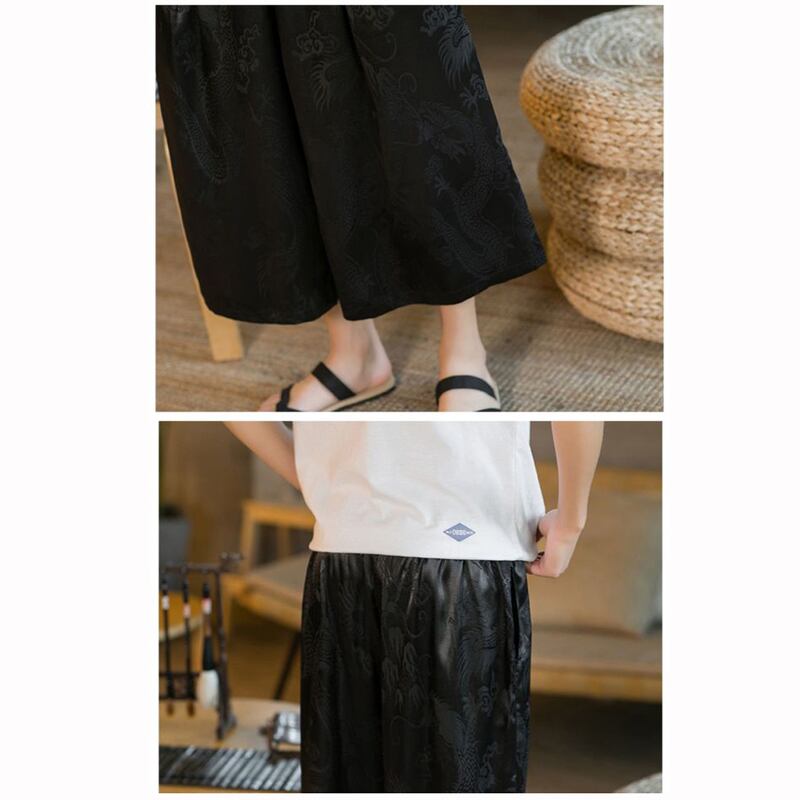 [Tsuncho Series]★China style trousers★Men's dragon crest wide pants 2color large size black white