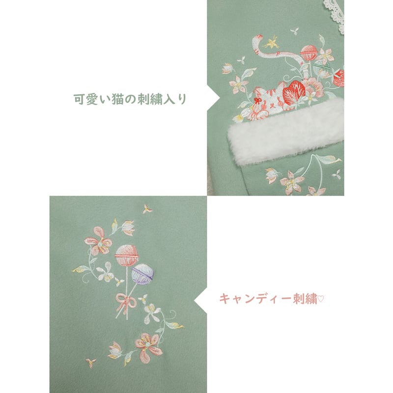 【酔雨朶シリーズ】★チャイナ風アウター★ コート 3color ファー 刺繍 猫 花 可愛い 暖かい 厚て 濃赤  黄 緑