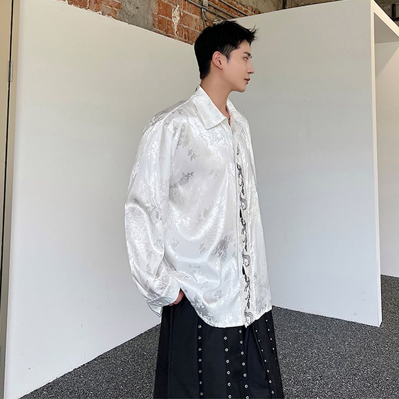 [Illustrated series] ★China style shirt★ Embroidery 2color tops long sleeve shirt unisex men's loose fit black white