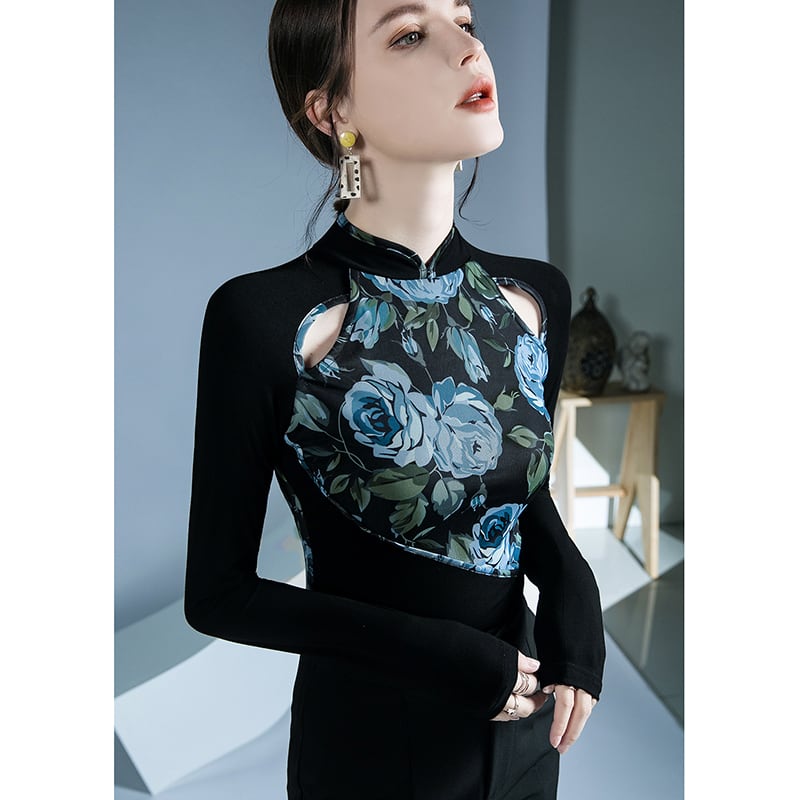 [ZHUOYAN Series]★China style top★ T-shirt, switching, floral pattern, long sleeve, sexy, slim, slimming, easy to match