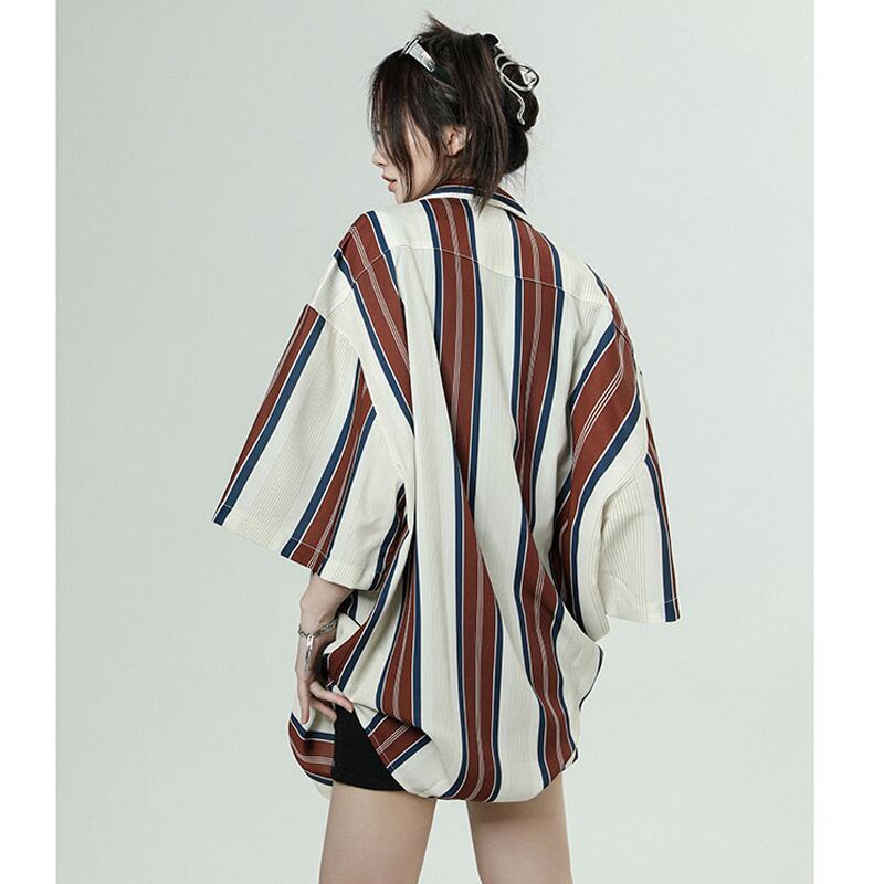 [YOUHAN Series]★Retro Shirt★ Unisex Men's Short Sleeve Tops Chiffon Vertical Striped Striped Pattern Retro