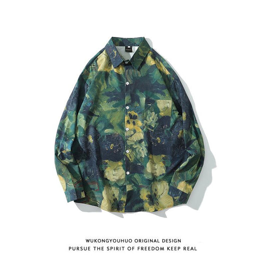 [BEAT BOY Series] ★Long Sleeve Shirt★ Floral Shirt Tops Print Green Green ML XL 2XL Unisex Men's