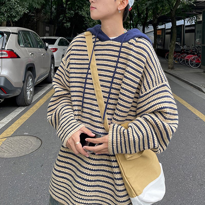 [NANSHI Series]★Sweater★ 2color Knit Parka Tops Unisex Men's Horizontal Stripes Striped Pattern Black Blue