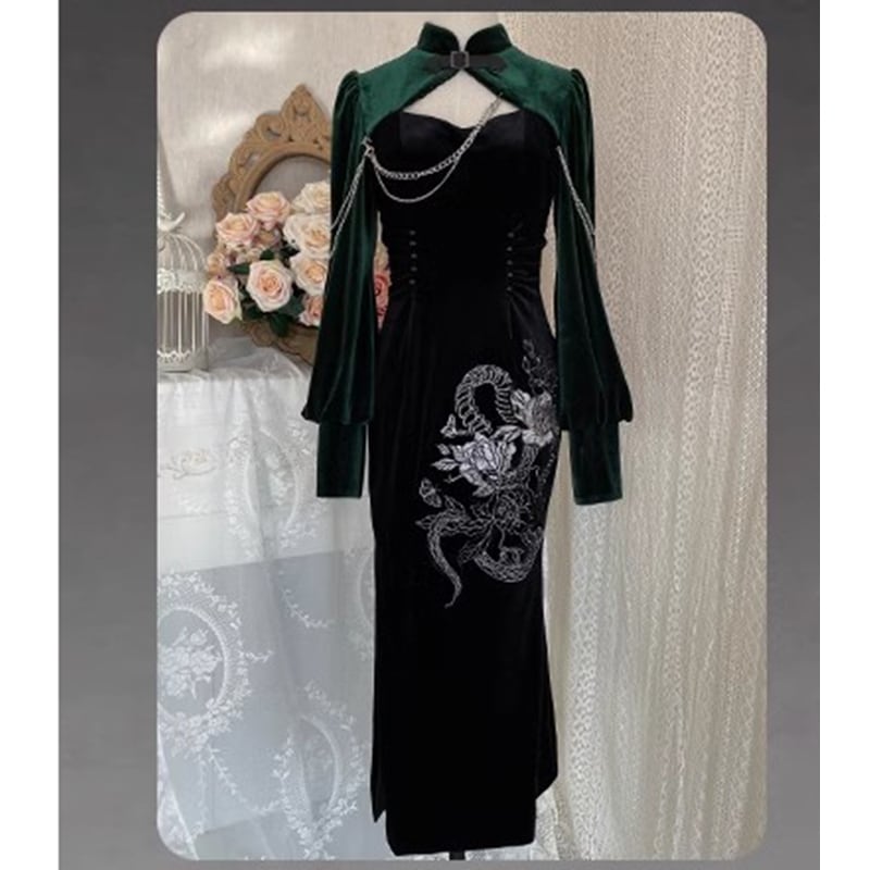 [Kinshu series] ★China style dress★ Cheongsam dress sexy velvet black green