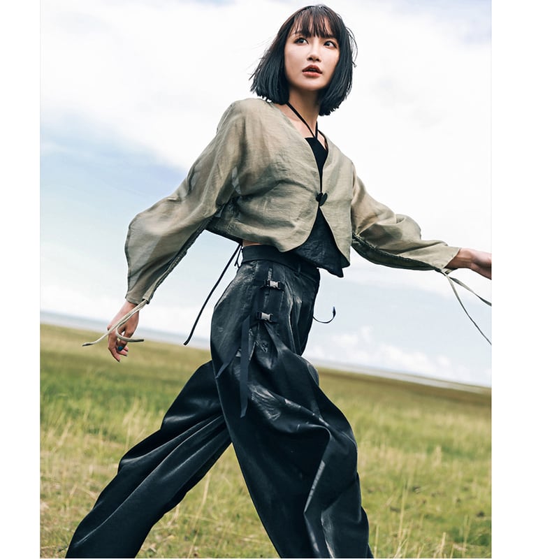 [Big Blue Dragon Series] ★China style gaucho pants★ Gaucho bottoms switching print slimming black black