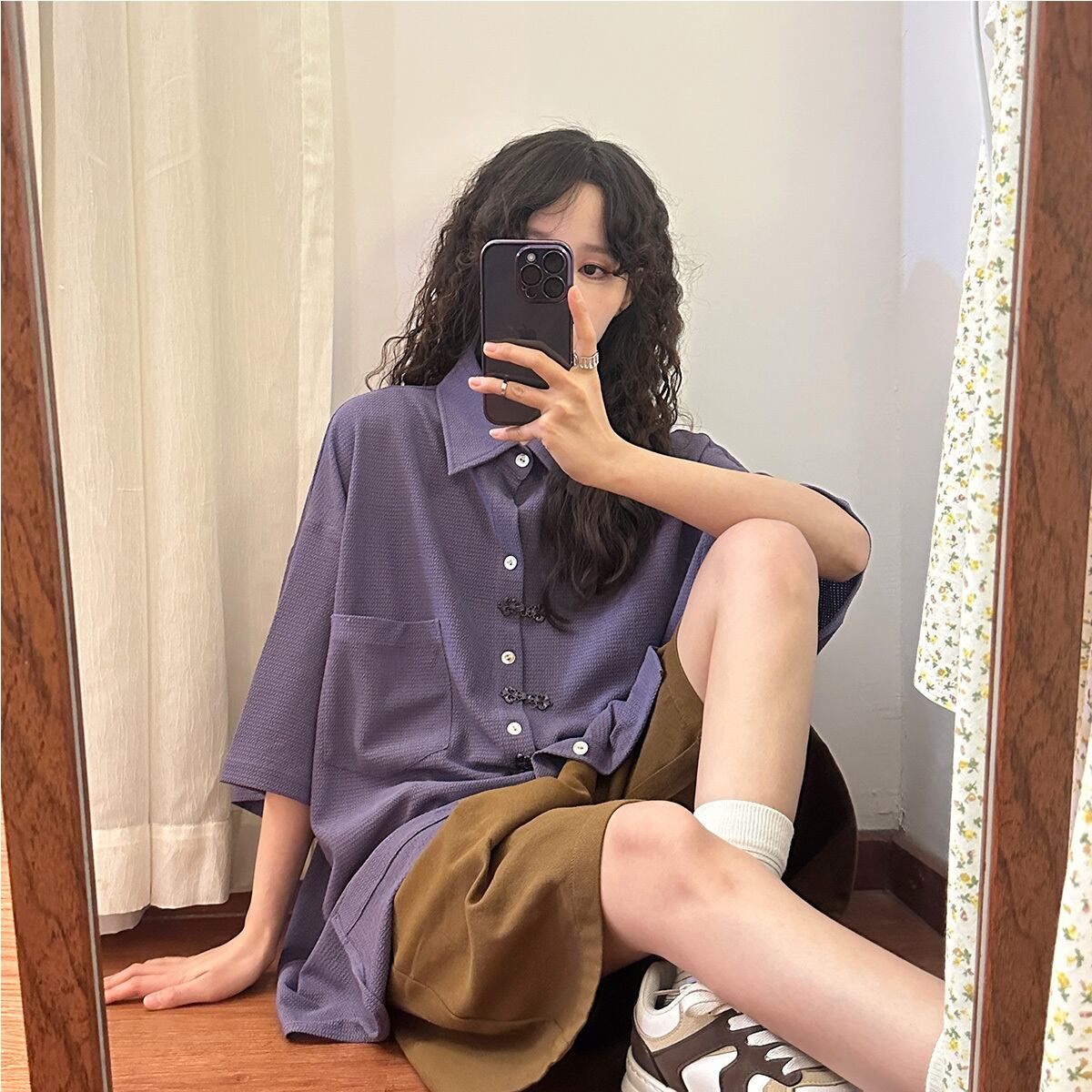 [UATONLINE Series]★China Style Shirt★ Thin Medium Chinese Clothes Tops Unisex Men's Short Sleeve Shirt Purple