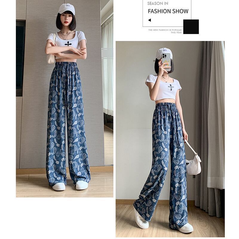 [FENGLIN Series] ★Casual Pants★ Bottoms Trousers Cool Blue Blue Slimming Print Summer Clothes Paisley