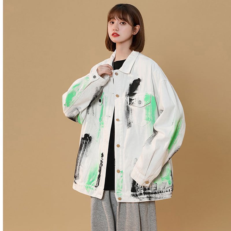 [Fujiiman Series] ★Jacket★ 2color outer denim unisex graffiti unique couple clothes retro oversize