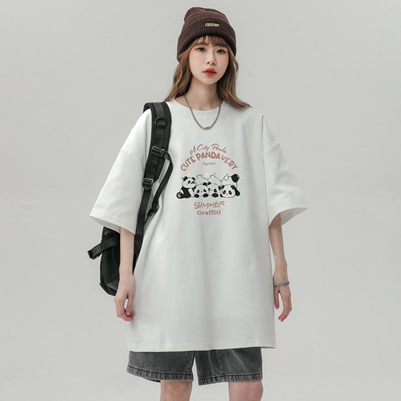 [SENSU Series]★T-shirt★ Tops 3color Unisex Men's Panda Pattern Cartoon Apricot White Coffee Color