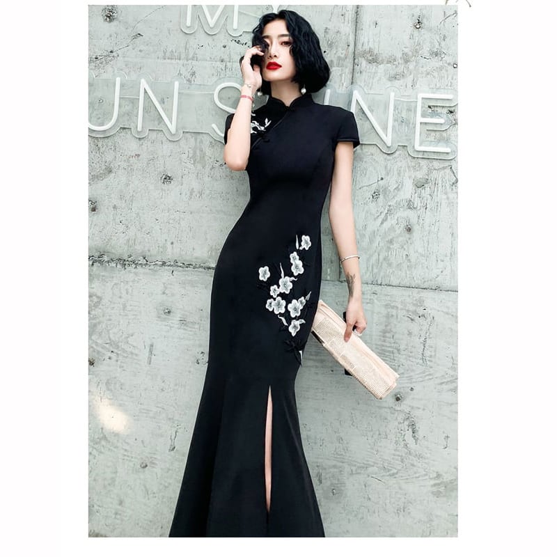 [Chouga series] ★Long length cheongsam dress★ 6 size mermaid line black