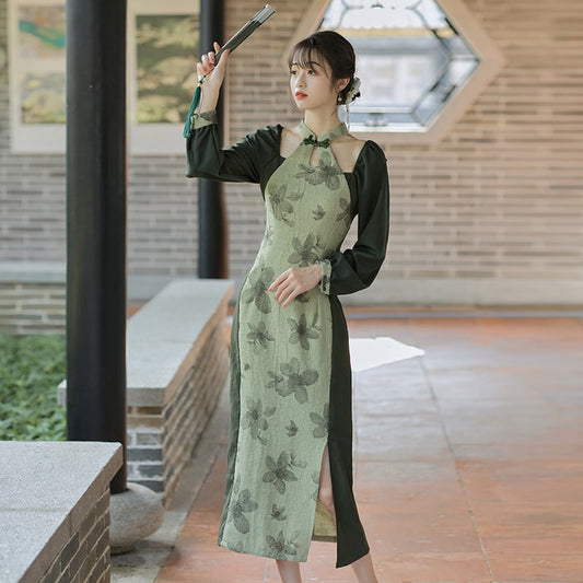 [Tatsuko Chenis Series] ★China style dress★ Improved cheongsam dress Floral pattern Color scheme Slimming Green Green SML