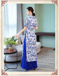 Load image into Gallery viewer, Ao Dai Vietnamese Ethnic Long Dress Side Slit Short Sleeve Stand Neck Dress After-party Bride Thank-you Party Date Invitation Blue Large Size SML XL 2XL 3XL 4XL Dyed Series
