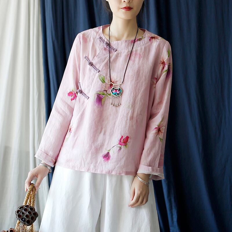 [Light ink series] ★China style tops★ Shirt Improved temperament Improved Tang suit Thin floral pattern Pink China button