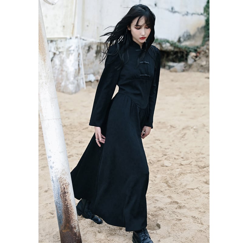 [Da Qinglong Shu Series] ★Chinese style dress★ Long length Chinese clothing Original Black Black Improves your temperament