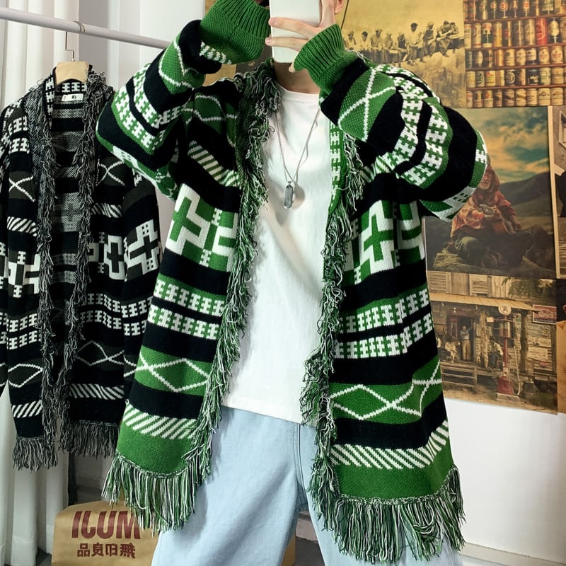 [Gaeteisho Series] ★Cardigan★ 2color Black or Green Sweater Print Unique Fringe Unisex Large Size