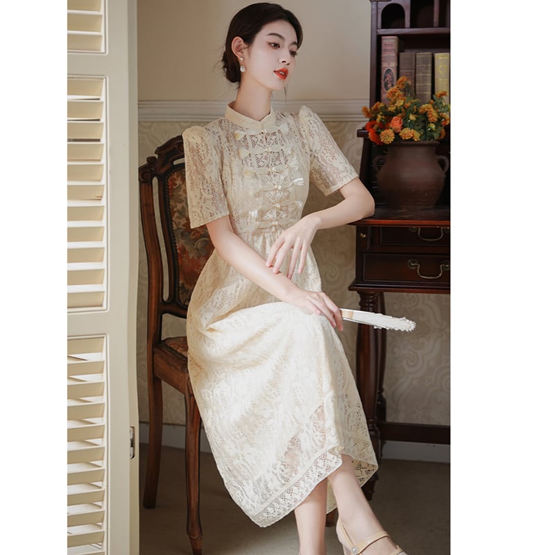 [BAIRIMENG Series]★China style dress★ Lace dress Improved Chinese dress Summer clothes Beige