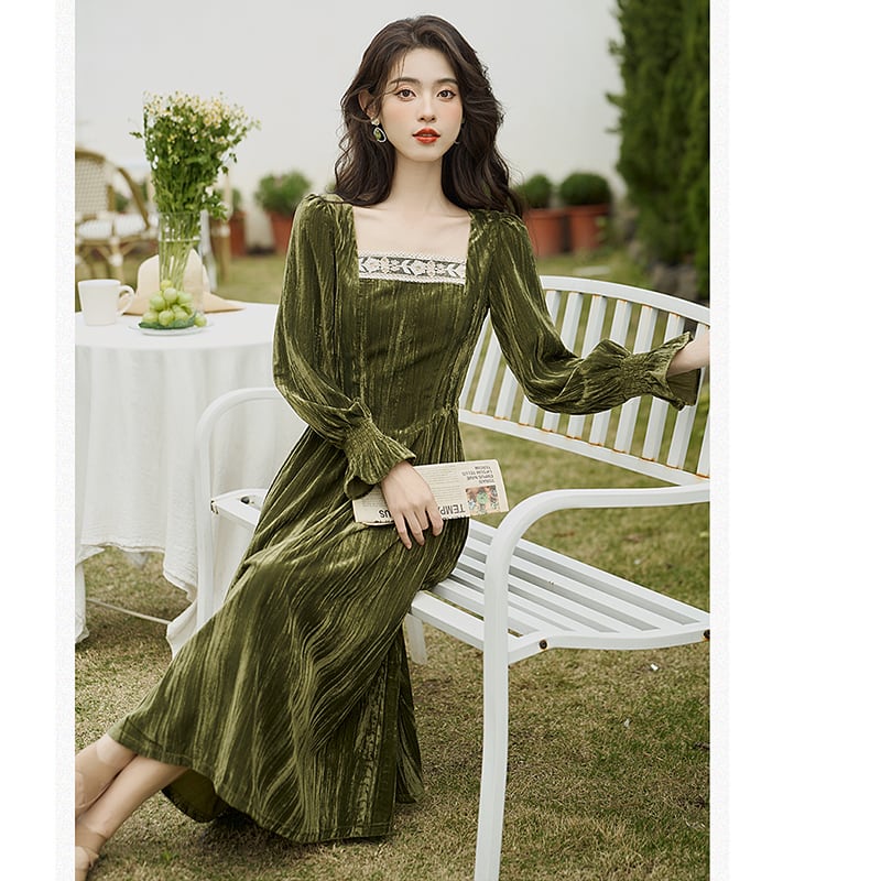 [Kasa Castle Series] ★One Piece★ Velvet Retro Green Green SML XL Party Wedding Date