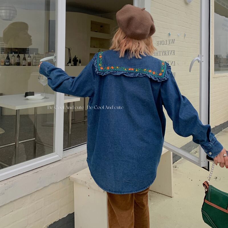 [KEKELI Series]★Shirt★ Tops Cute Collar Embroidery Blue Blue Ladies Fashion ML XL 2XL