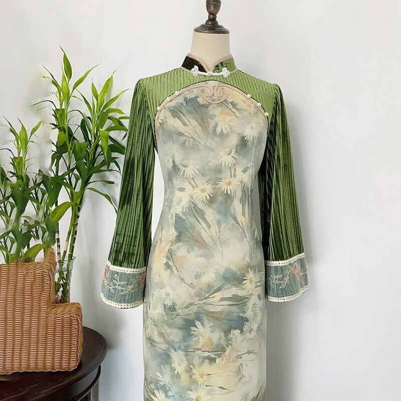 [Features---Flower language series] ★Cheongsam dress★ 2color dress Improves temperament Changeable floral pattern Green Pink