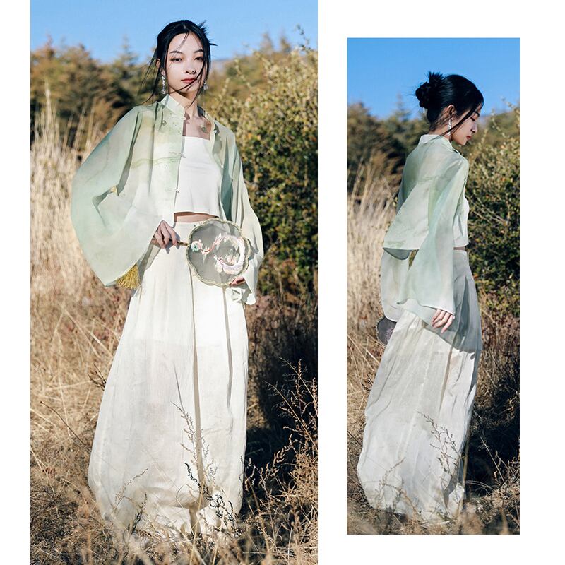 [Daiseiryusu Series] ★China-style shirt★ Tops, long sleeves, sheer, chiffon print, green, green