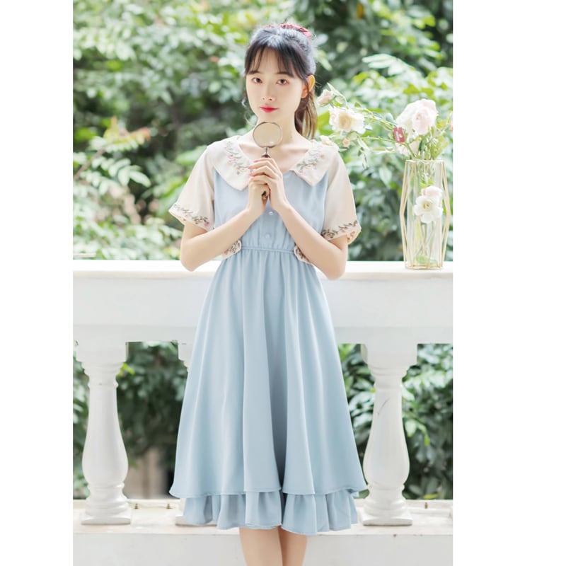 [Poetry Series] ★Chinese-style dress★ 2 colors Dress Embroidery Green Blue SML XL Improve your temperament Cute