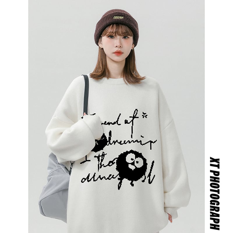 [Fujiiman Series]★Sweater★ 4color Knit Tops Cartoon Unisex Men's Black Red Green White