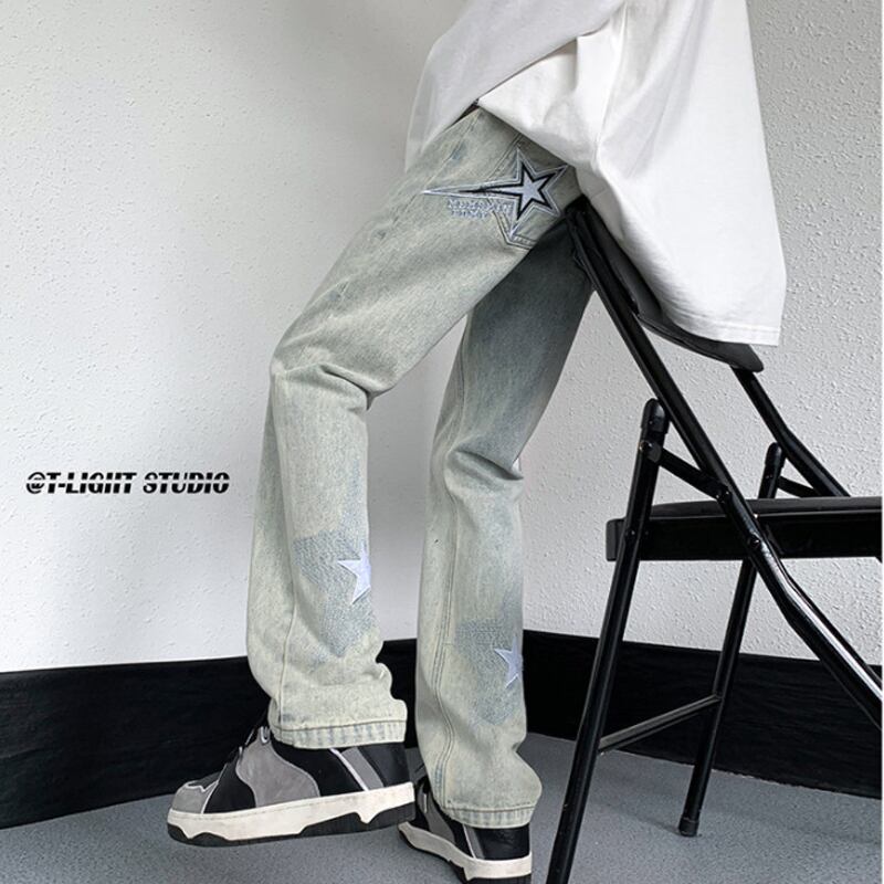 [CHAOMEICHEN Series]★Denim Pants★ 2color Bottoms Pants Unisex Men's Large Size Star Black Blue