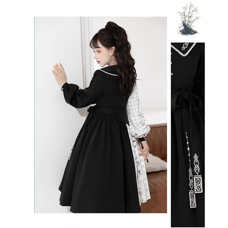 [Dust Smoke Cloud Dream---Boku Bamboo Series] ★Chinese style dress★ Long sleeve switching bamboo Chinese clothing Black Black SML Original Cute