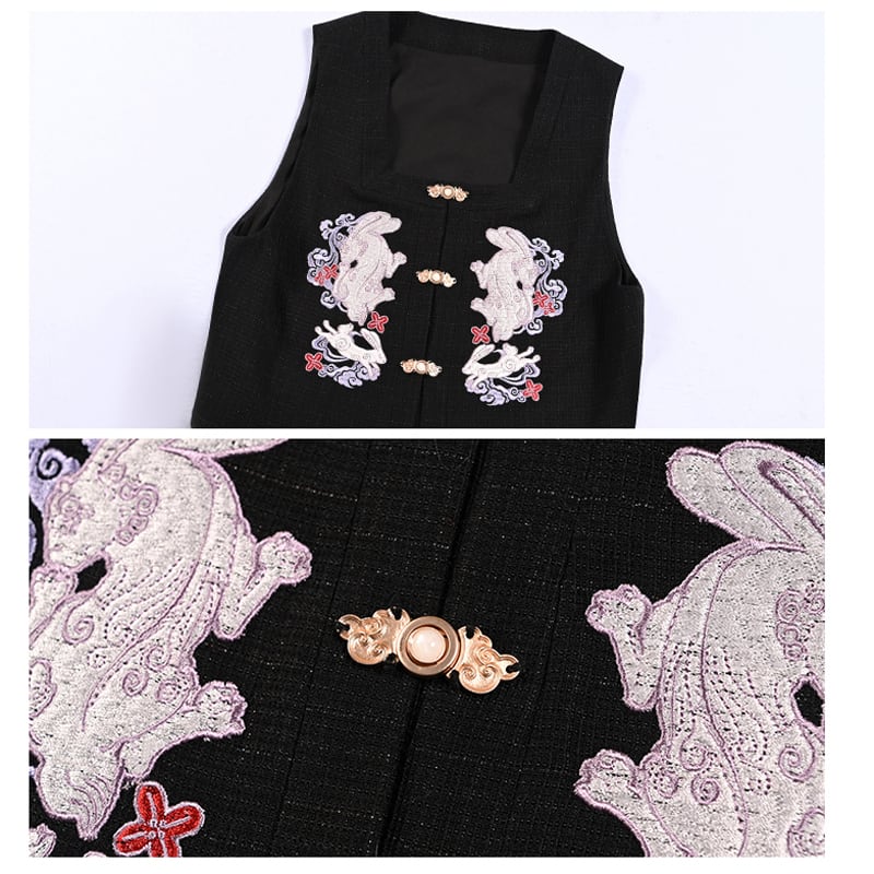 [Old Monster---Rabbit Series] ★China style tops★ Best Original Rabbit Embroidery Black Black Easy to match