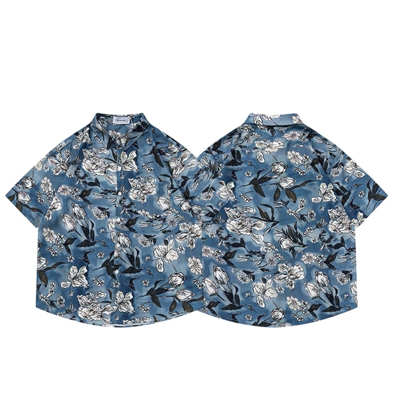 [TRAVEL ISSUANCE Series] ★Floral Pattern Shirt★ Hawaii Aloha Shirt Print Unisex Men's Blue Short Sleeve Shirt