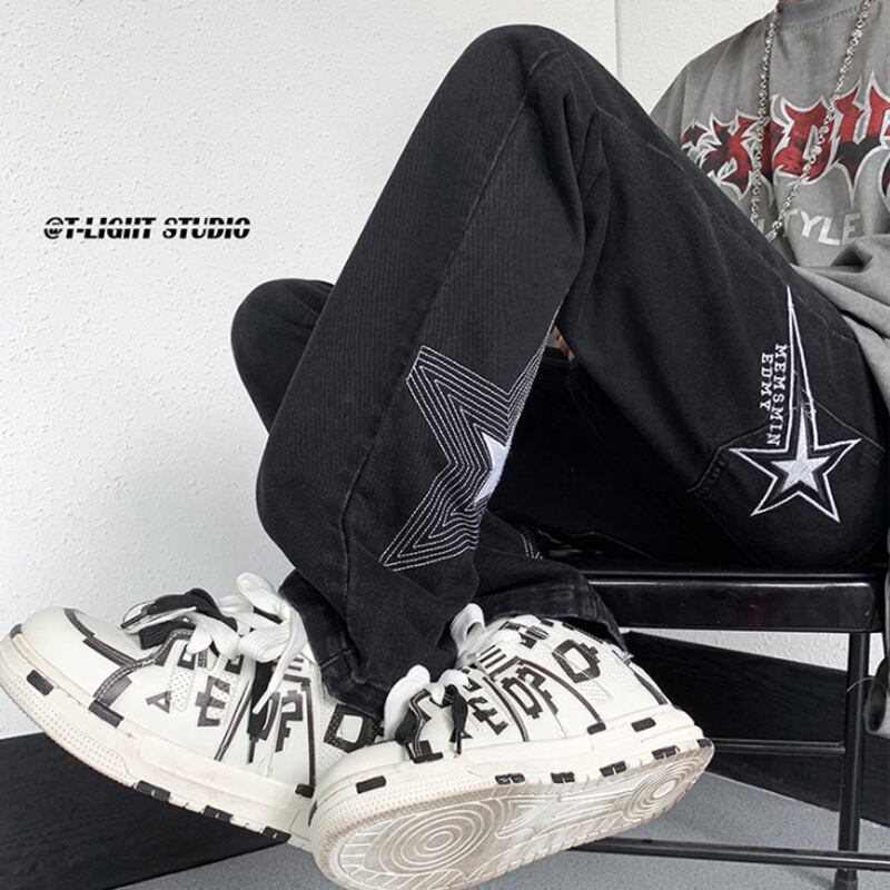 [CHAOMEICHEN Series]★Denim Pants★ 2color Bottoms Pants Unisex Men's Large Size Star Black Blue