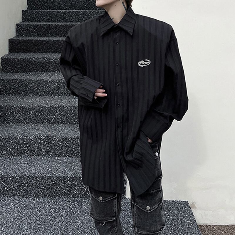 [Illustrated Series]★Shirt★ Tops 2color Unisex Men's Vertical Stripes Loose Black White Fashion Spring Clothes