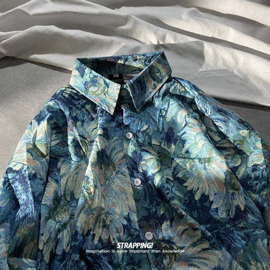 [STRAPPING Series]★Shirt★ 2color oil painting style tops unisex floral pattern blue brown ML XL 2XL